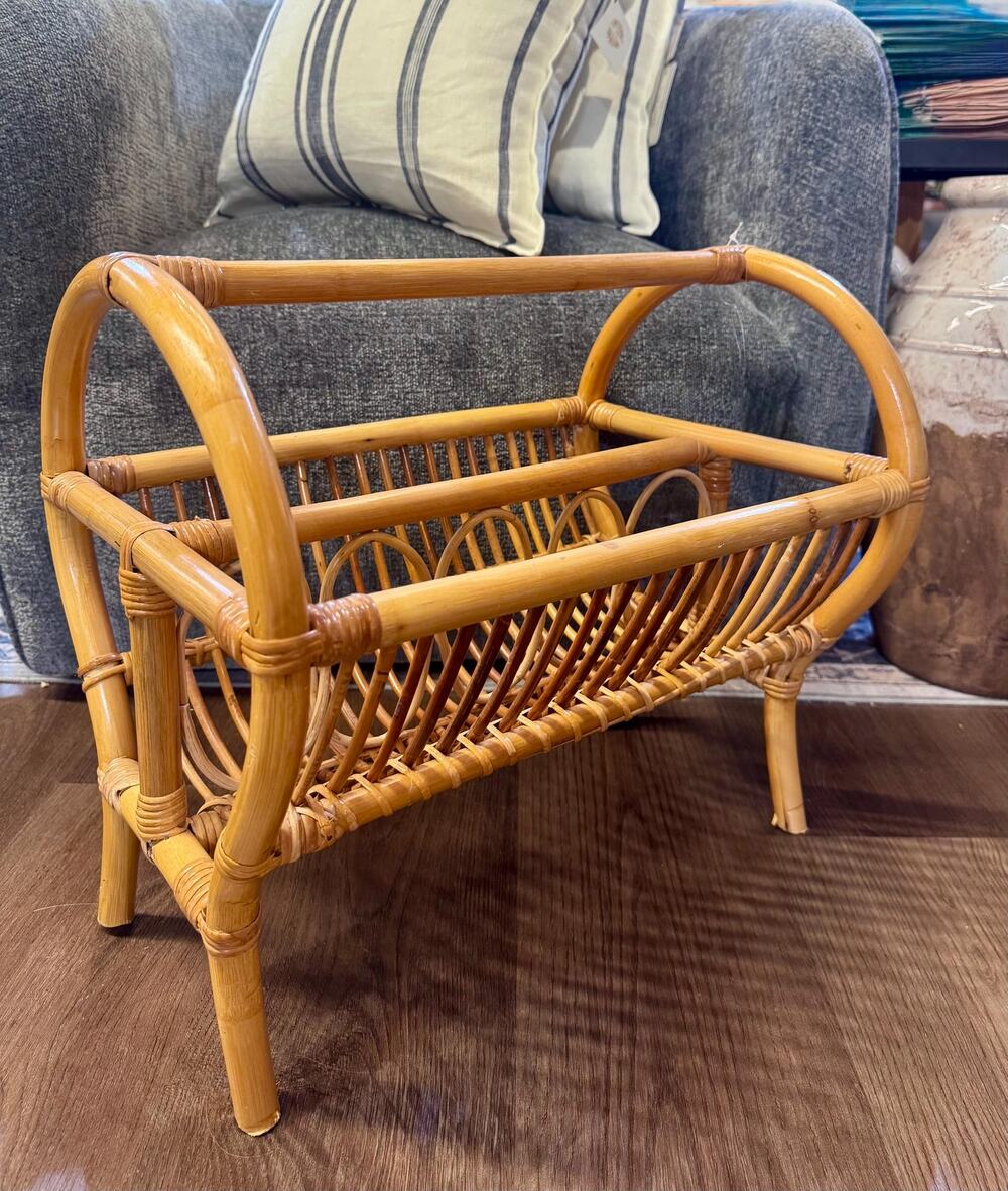 Vintage 1970s Bent Bamboo Rattan Magazine Rack - Cottagecore Coastal Decor